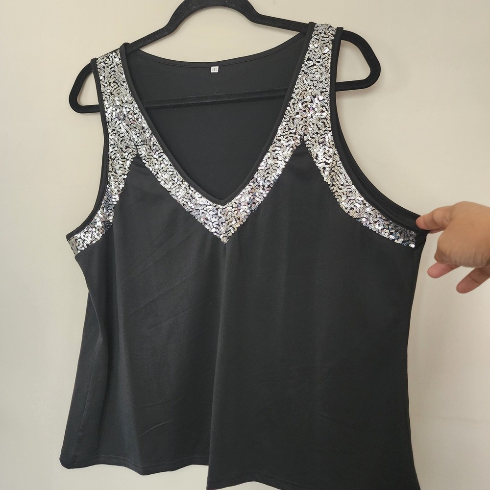 Womens Black Sequin V-Neck Tank Top Sleeveless Plus Size 4XL Party Clubwear - Picture 2 of 6